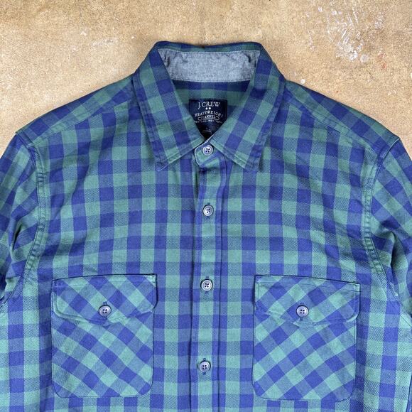 J. Crew Flannel Shirt Men’s Small Green Navy Blue Heavyweight Long Sleeve - Picture 2 of 10